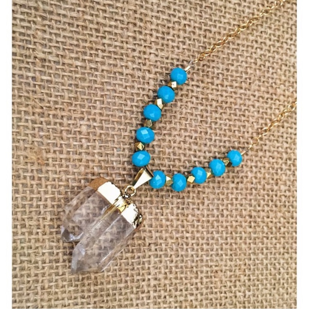 Crystal Pendant Teal and Gold necklace